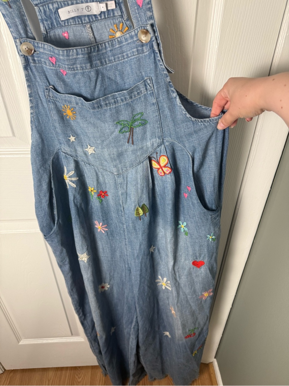 Billy T Oooh La La Embroidered Wide Leg Denim Overalls S - Picture 3 of 10
